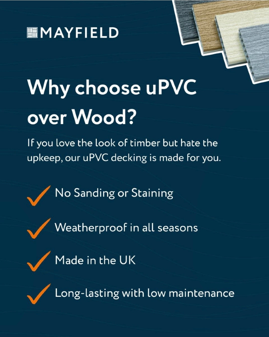 Mayfield decking board (PVC) 3.6 meter board length.